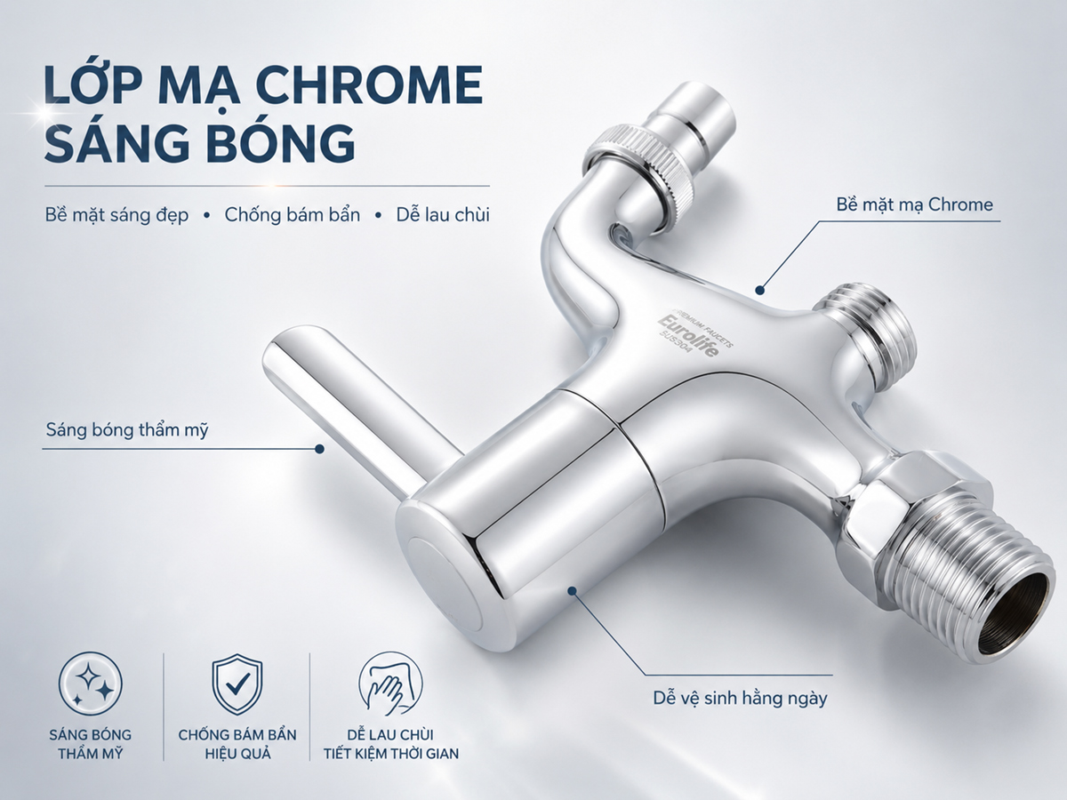 Bề mặt mạ Chrome sáng bóng của củ sen lạnh Eurolife EL-SL109 giúp tăng tính thẩm mỹ, dễ lau chùi, hạn chế bám bẩn và giữ vẻ đẹp sạch sáng khi sử dụng.
