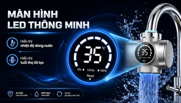 Màn hình LED trên máy lọc nước Eurolife EL-LS-A15 hiển thị nhiệt độ dòng nước và tuổi thọ lõi lọc, dễ theo dõi khi sử dụng.
