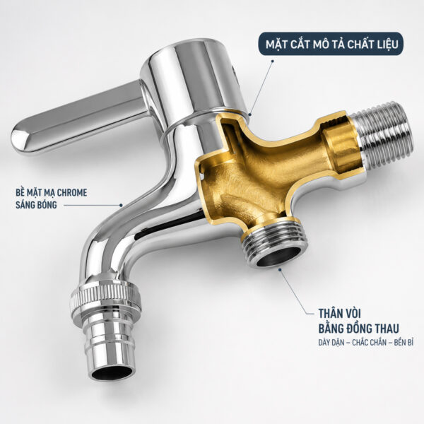 Mặt cắt mô tả chất liệu củ sen lạnh Eurolife EL-SL109 với thân vòi bằng đồng thau dày dặn, bề mặt mạ Chrome sáng bóng, chắc chắn và bền bỉ.