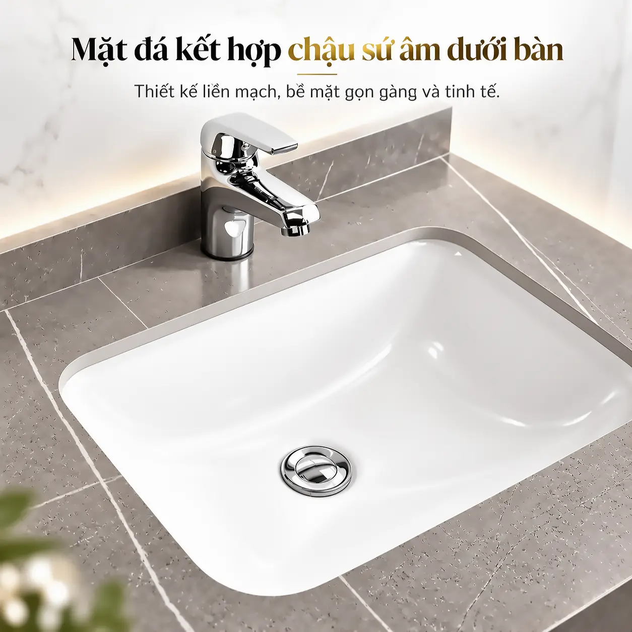Mặt bàn đá vân xám kết hợp chậu sứ trắng âm dưới bàn của tủ lavabo Eurolife BLV-AL15, có gờ phía sau và vòi nước minh họa.