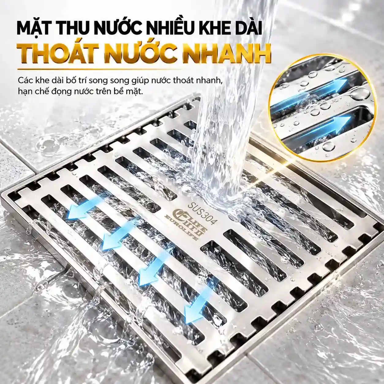 Mặt thoát sàn Eurolife EL-HG03 với nhiều khe dài song song hỗ trợ thoát nước nhanh