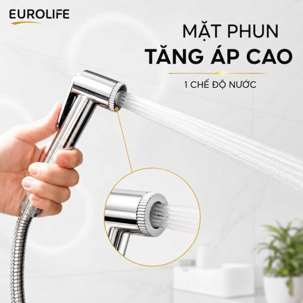 Mặt phun tăng áp cao một chế độ của Eurolife EL-X08 tạo chùm tia nước tập trung để hỗ trợ làm sạch.