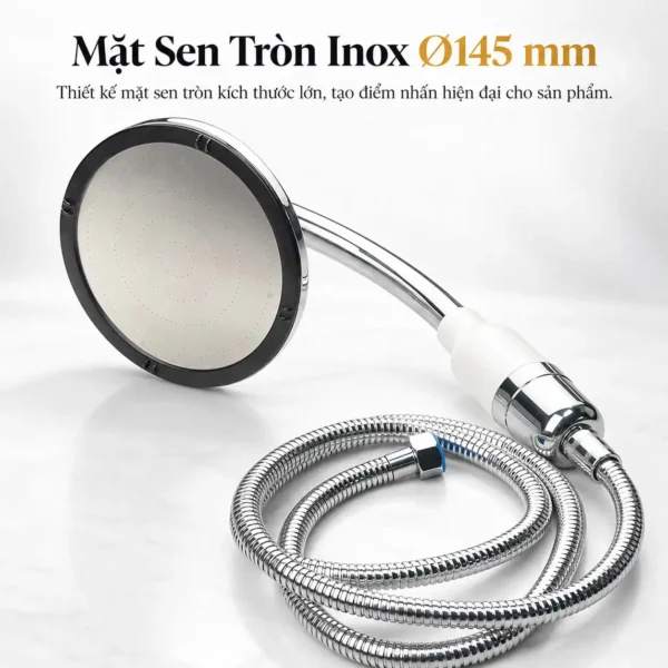 Mặt sen tròn Inox Ø145 mm của bộ tay dây sen Eurolife EL-146SH cùng dây sen mạ Chrome