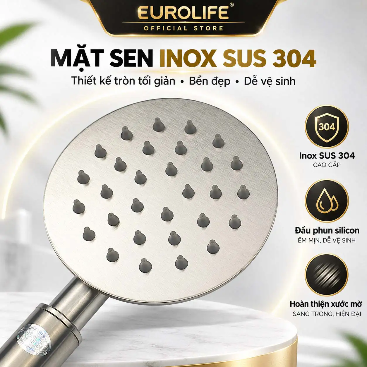 Cận cảnh mặt sen tròn Inox SUS 304 Satin của Eurolife EL-110SH với các đầu phun trên bề mặt