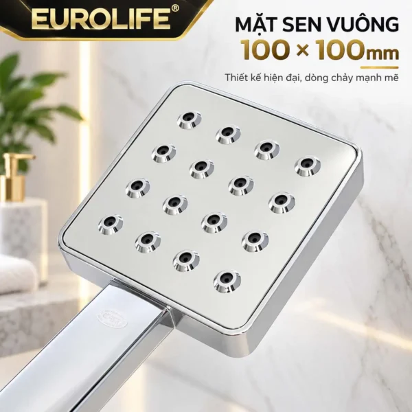 Cận cảnh mặt sen vuông Eurolife EL-H121 kích thước 100 x 100mm với các đầu phun bố trí trên bề mặt