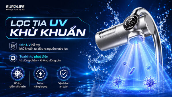 Máy lọc nước Eurolife EL-LS-A15 tích hợp tia UV hỗ trợ khử khuẩn và công nghệ tuabin tự phát điện, không cần dùng pin hay điện