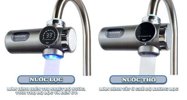 Máy lọc nước gắn vòi Eurolife EL-LS-A15 có 2 chế độ nước lọc và nước thô, dễ chuyển đổi khi rửa thực phẩm hoặc sử dụng hằng ngày.
