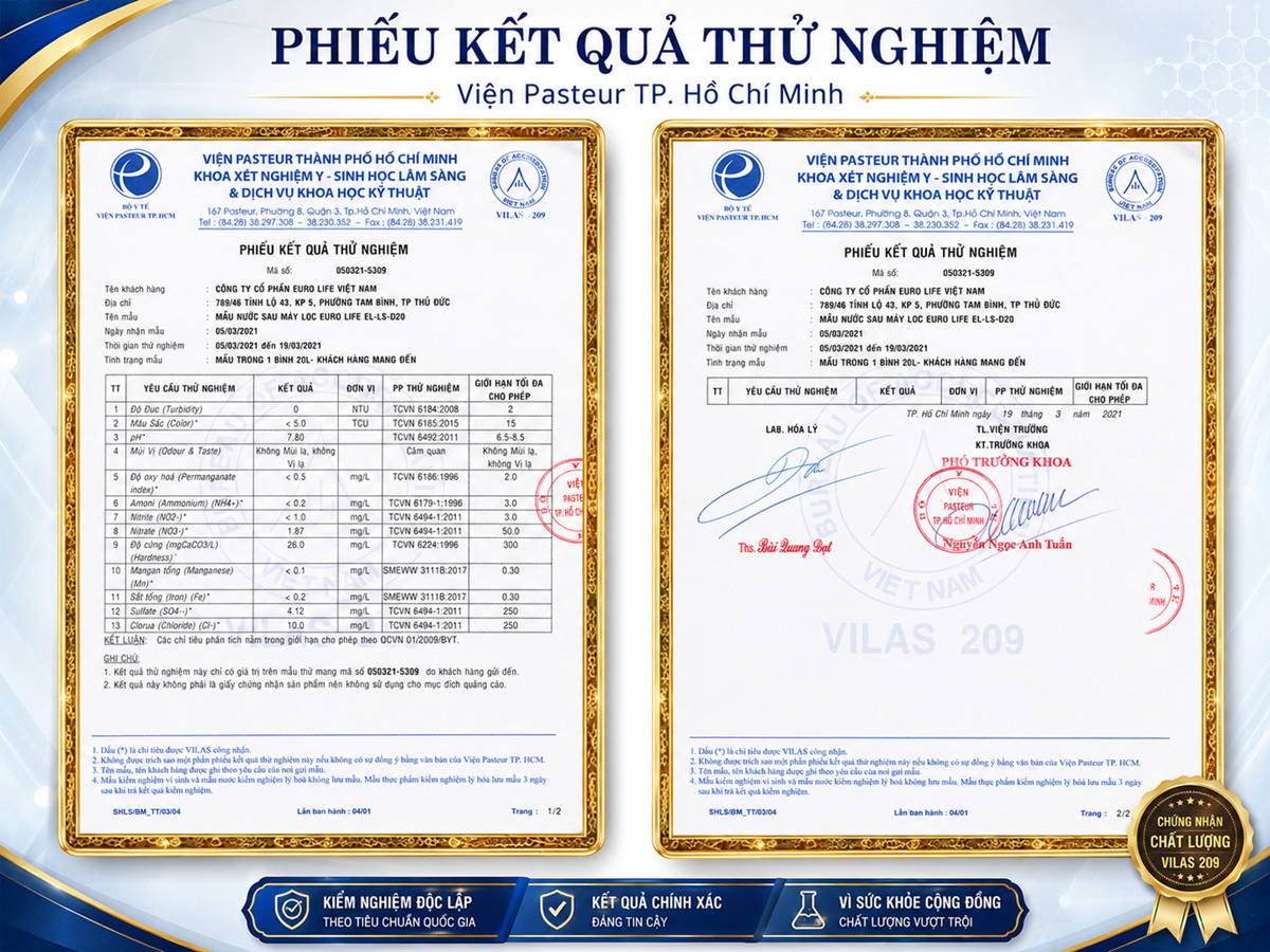 Thông tin thử nghiệm Viện Pasteur của máy lọc nước gắn vòi Eurolife EL-LS-D20, hỗ trợ tăng độ tin cậy khi khách hàng chọn mua sản phẩm chính hãng.