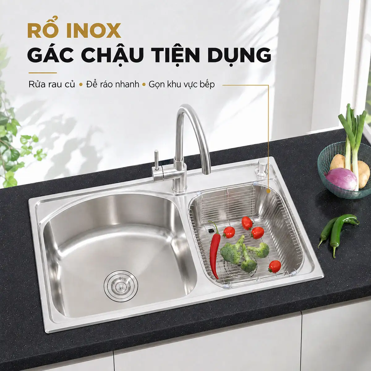 Rổ Inox gác hố phụ chậu Eurolife EL-C8145 để rửa và làm ráo rau củ