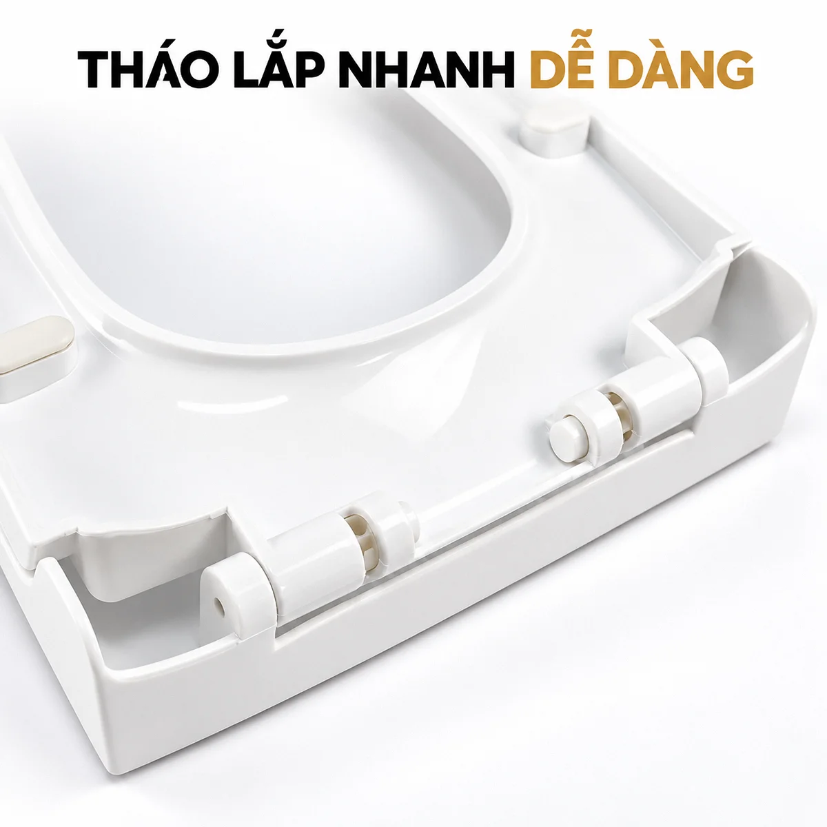Cận cảnh cụm bản lề và các đầu nút nhấn ở mặt dưới phía sau nắp bồn cầu Eurolife EL-PS216.
