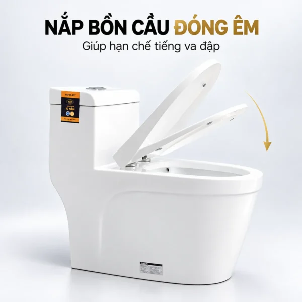 Nắp đậy và vòng ngồi Eurolife EL-PS216 đang mở trên bồn cầu, kèm mũi tên minh họa hướng hạ nắp.