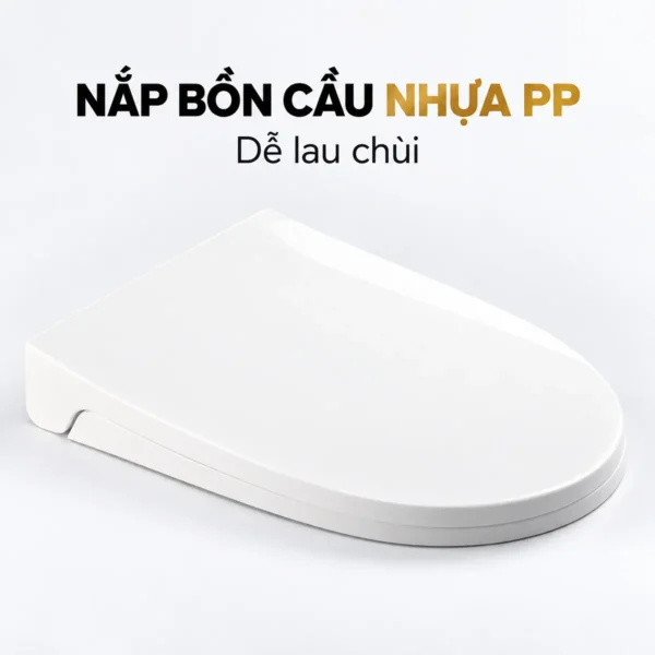 Bộ nắp bồn cầu Eurolife EL-PS216 bằng nhựa PP màu trắng ở trạng thái đóng, nhìn nghiêng từ trên xuống.