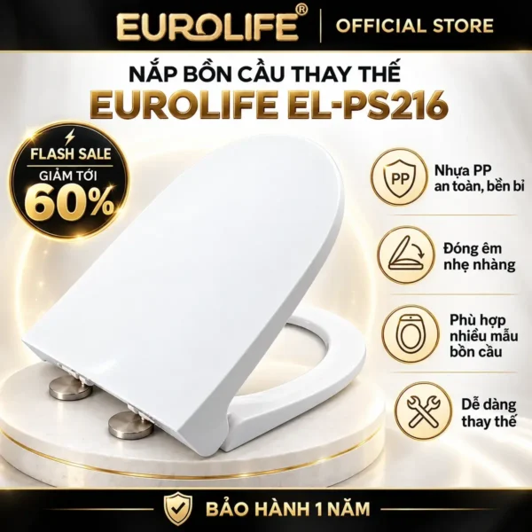 Nắp bồn cầu thay thế Eurolife EL-PS216 màu trắng với nắp đậy mở nghiêng, vòng ngồi và hai chân gắn tròn trên nền đen vàng.