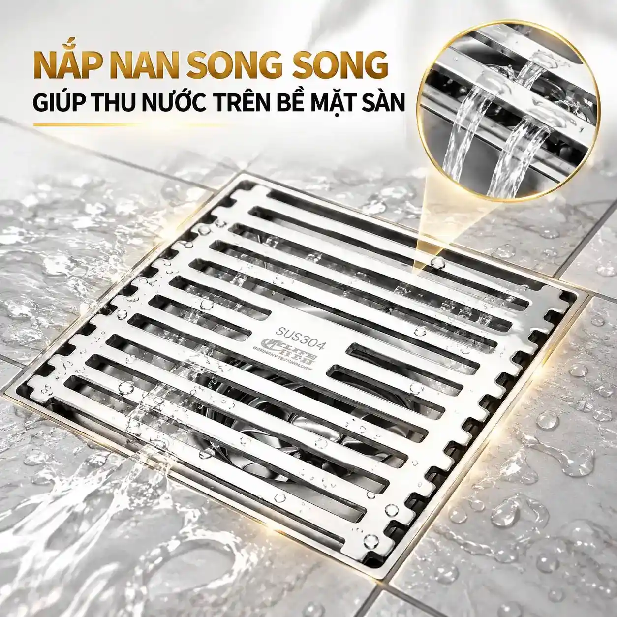 Nắp nan song song của thoát sàn inox 304 Eurolife EL-HG04 hỗ trợ thu nước trên bề mặt sàn