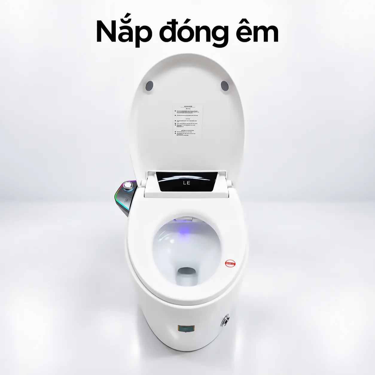 Eurolife EL-SM8059B nhìn từ phía trước với nắp mở và bệ ngồi hạ xuống, minh họa nắp đóng êm