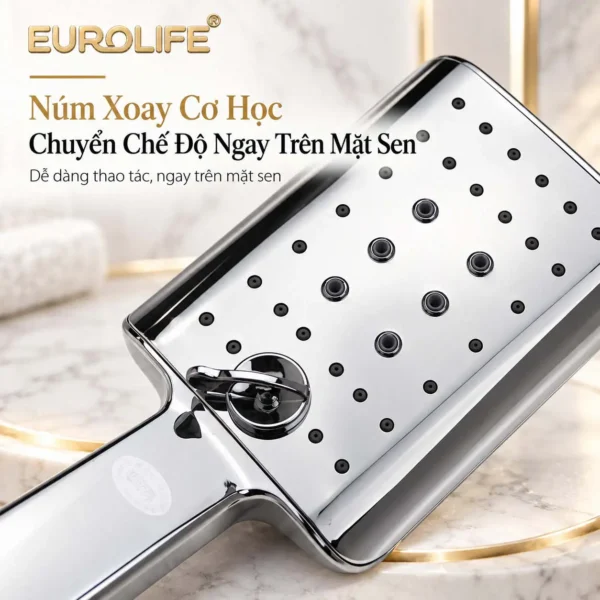 Cận cảnh núm xoay cơ học chuyển 3 chế độ nằm trực tiếp trên mặt tay sen Eurolife EL-201SH