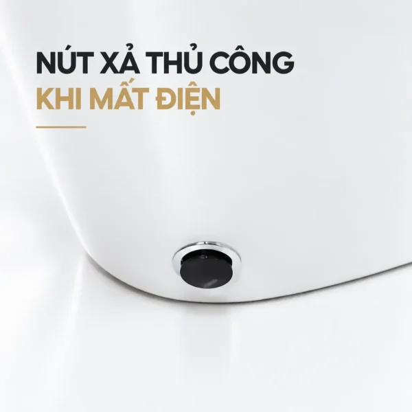 Cận cảnh chi tiết tròn màu đen phía dưới thân bồn cầu, được chú thích là nút xả thủ công khi mất điện.