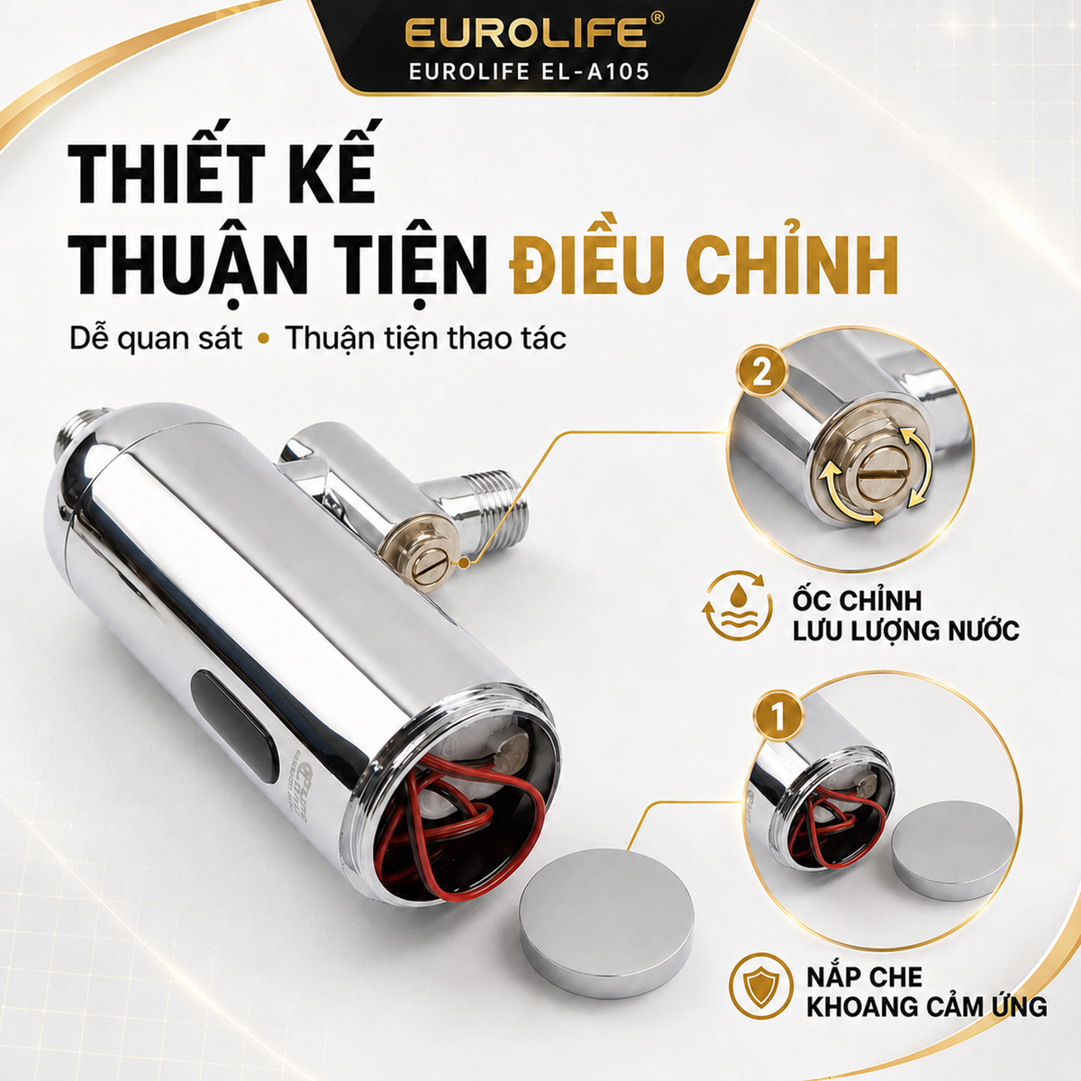 Ốc điều chỉnh lưu lượng phía sau van xả tiểu cảm ứng Eurolife EL-A105 giúp điều chỉnh lượng nước theo áp lực nguồn cấp và nhu cầu sử dụng.