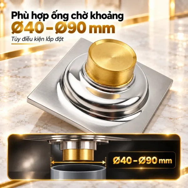 Mặt dưới thoát sàn Eurolife EL-HG07 minh họa phạm vi ống chờ khoảng Ø40–Ø90 mm