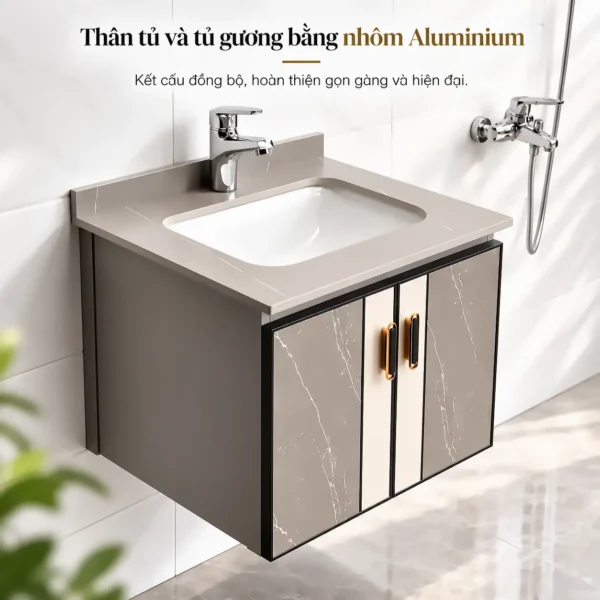 Tủ lavabo nhôm Eurolife BLV-AL15 lắp treo tường trong phòng tắm, với thân tủ Aluminium, cánh giả vân đá và chậu sứ âm mặt đá.