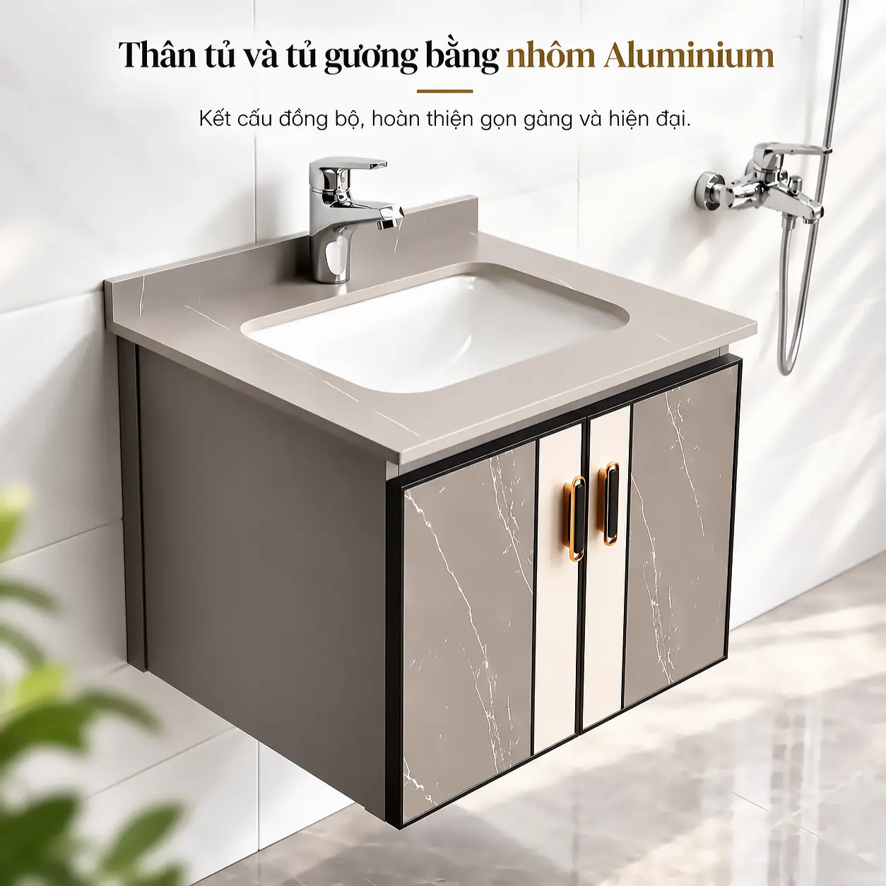 Tủ lavabo nhôm Eurolife BLV-AL15 lắp treo tường trong phòng tắm, với thân tủ Aluminium, cánh giả vân đá và chậu sứ âm mặt đá.