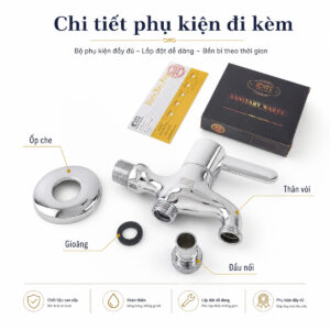 Chi tiết phụ kiện đi kèm củ sen lạnh Eurolife EL-SL109 gồm thân vòi, ốp che, gioăng, đầu nối, hộp sản phẩm và phiếu bảo hành, hỗ trợ lắp đặt dễ dàng.