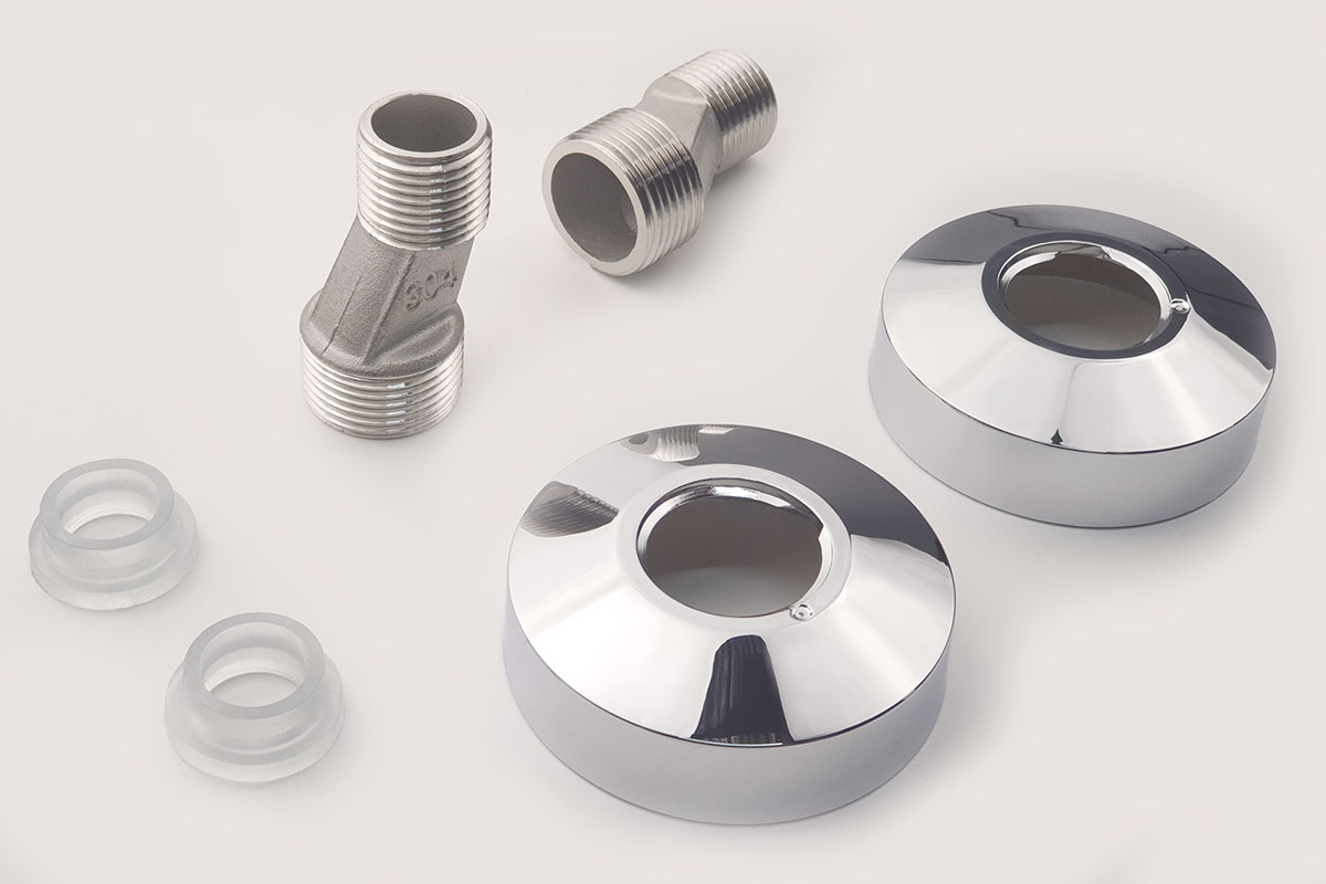 Phụ kiện lắp đặt Eurolife EL-T015AT gồm chân quỳ inox 304 ren 21mm, chụp trang trí mạ Chrome và gioăng cao su hỗ trợ lắp vòi âm tường.