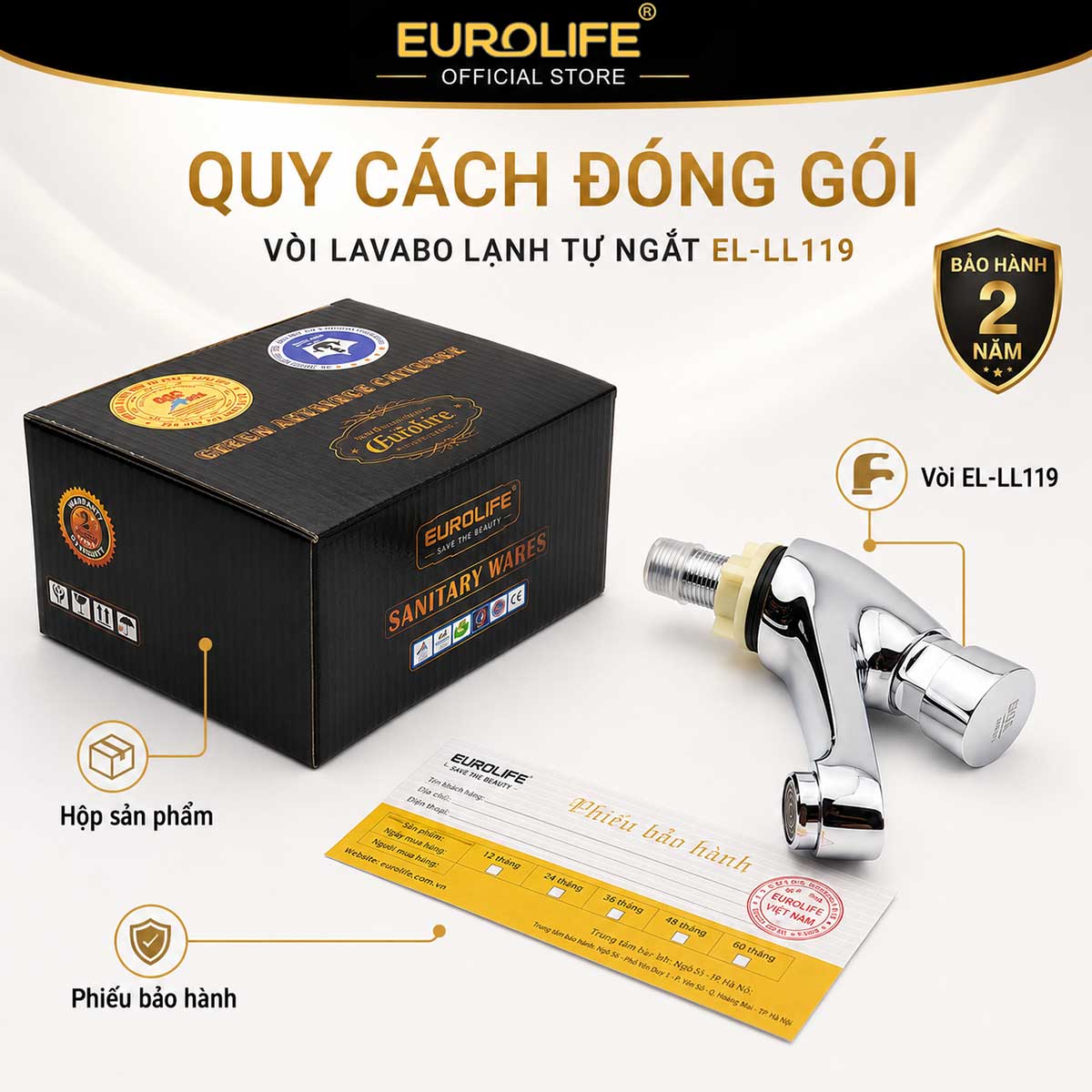 Quy cách đóng gói vòi lavabo lạnh tự ngắt Eurolife EL-LL119