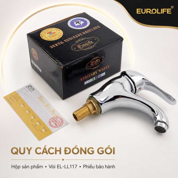 Quy cách đóng gói vòi lavabo thân cao Eurolife EL-LL117 gồm hộp sản phẩm và phiếu bảo hành