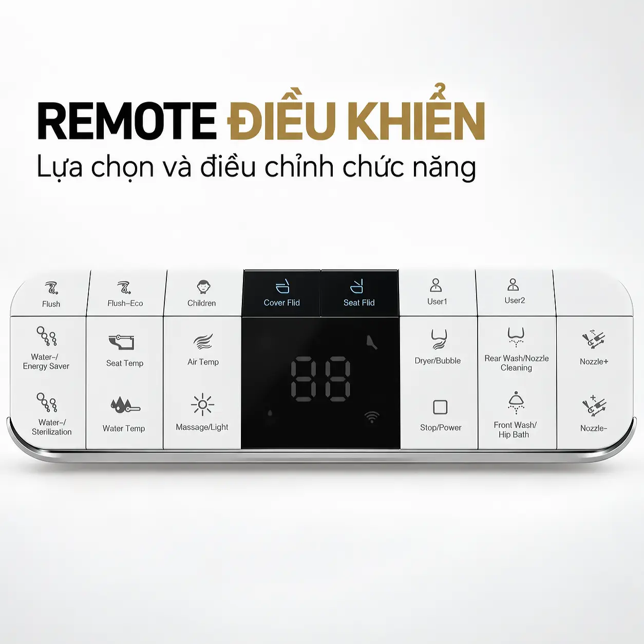 Remote Eurolife EL-SM8062D với màn hình ở giữa và các phím rửa, sấy, điều chỉnh nhiệt độ, vị trí vòi.