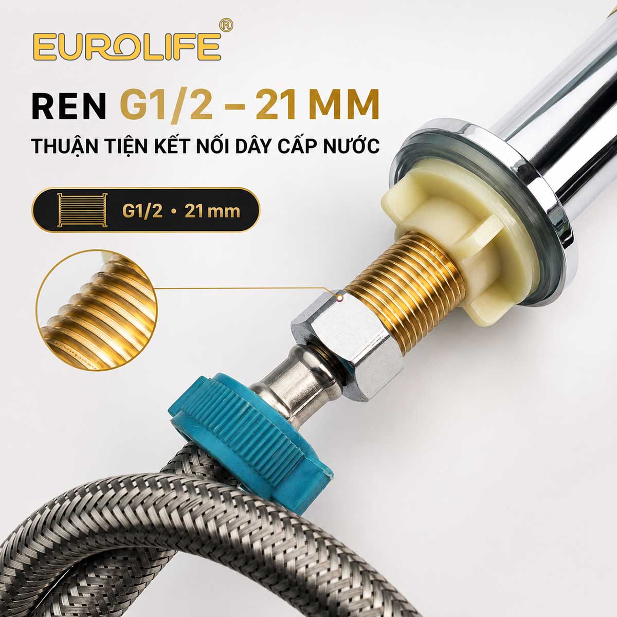 Ren G1/2–21mm của vòi lavabo Eurolife EL-LL120 kết nối dây cấp nước
