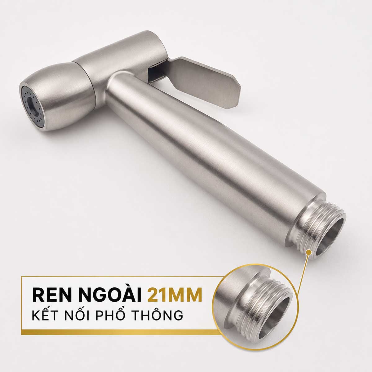 Tay xịt Eurolife EL-H-X05 sử dụng ren ngoài 21mm phổ thông, phù hợp với nhiều loại dây xịt và dây sen cùng chuẩn kết nối. 