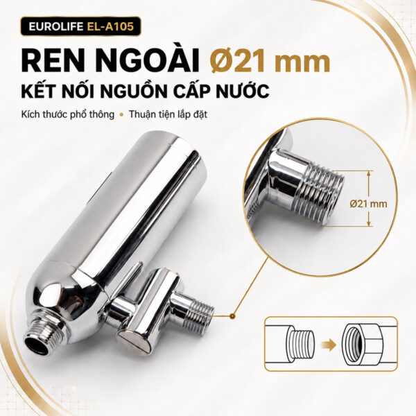 Chi tiết ren ngoài Ø21mm của van xả tiểu cảm ứng Eurolife EL-A105 dùng để kết nối thân van với đầu chờ cấp nước trên tường.