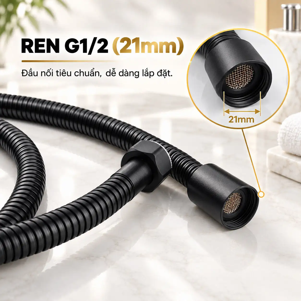 Cận cảnh đầu dây sen Eurolife EL-127SH-D sử dụng ren trong G1/2 inch kích thước 21mm