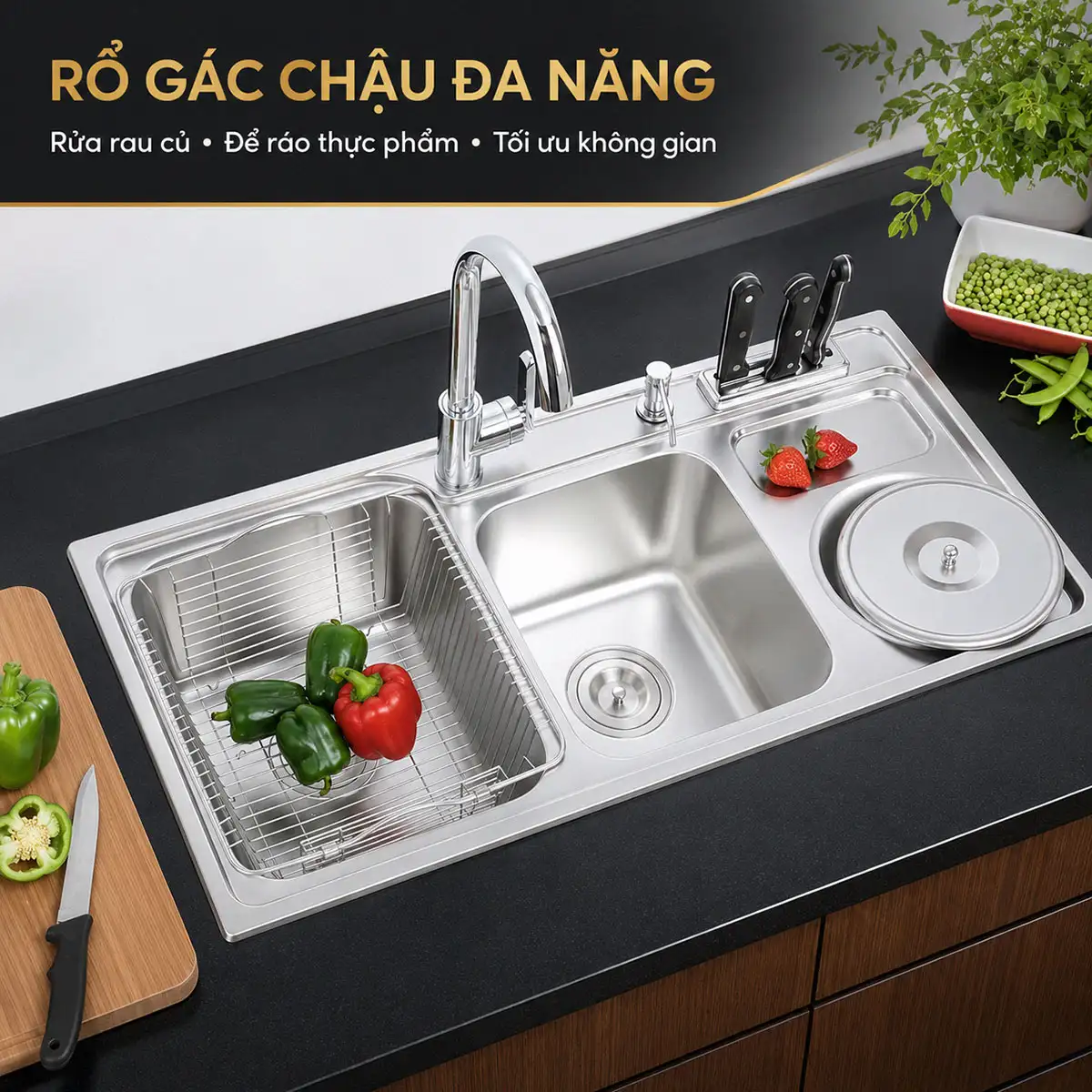 Rổ Inox gác trên hộc chậu EL-C9245 dùng rửa rau củ và để ráo thực phẩm