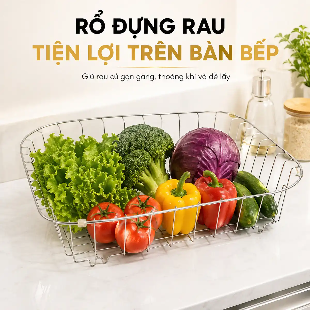 Rổ inox Eurolife EL-R81 đựng rau củ trái cây trên bàn bếp