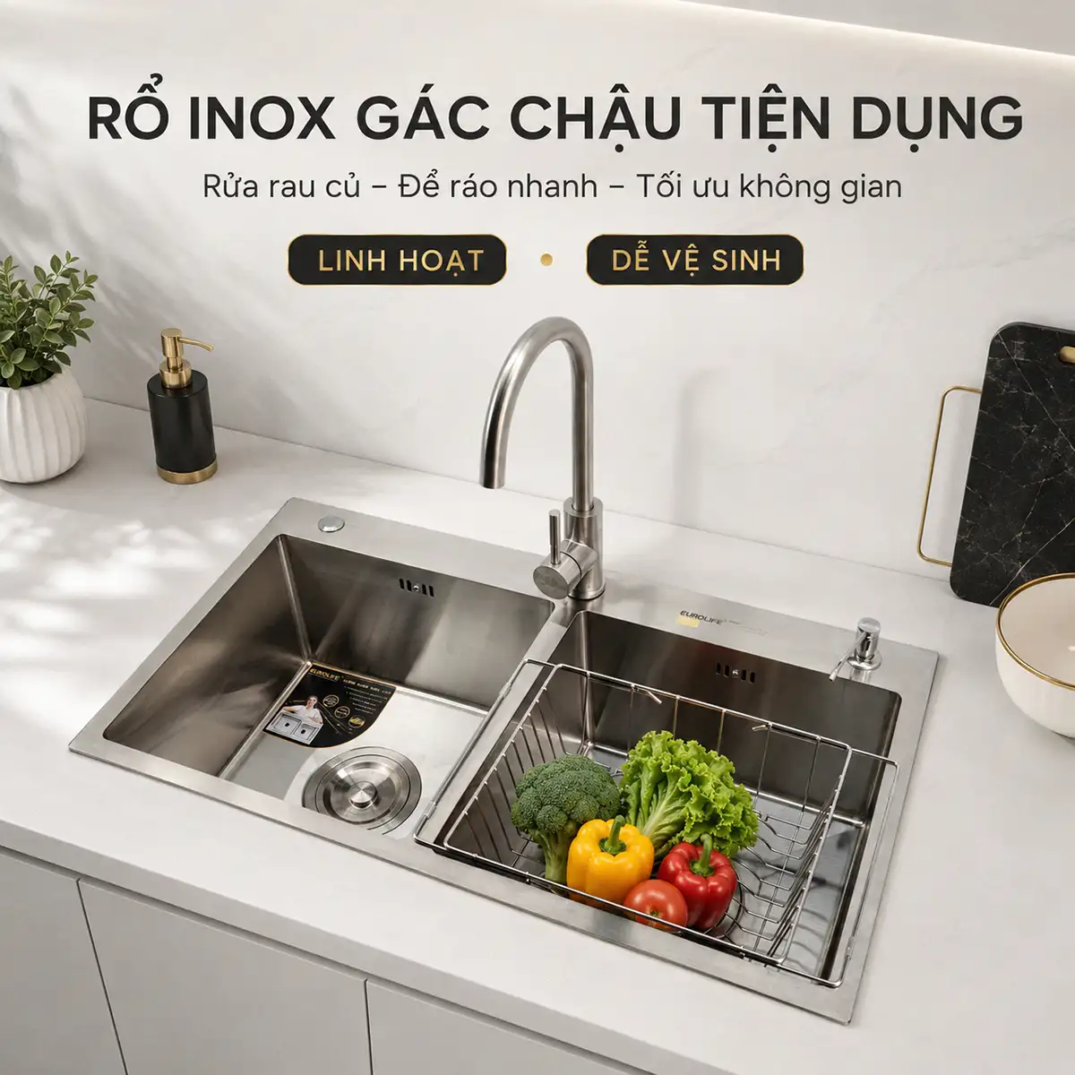 Rổ Inox gác chậu đúc Eurolife EL-LS8245 tiện dụng để rửa và để ráo
