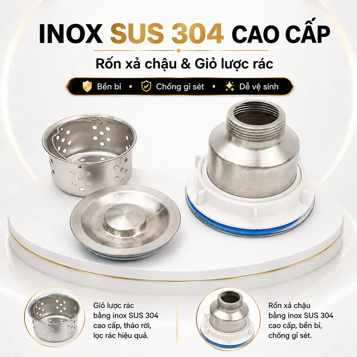 Rốn xả và giỏ lọc rác Inox SUS304 đi kèm chậu Eurolife EL-C8245