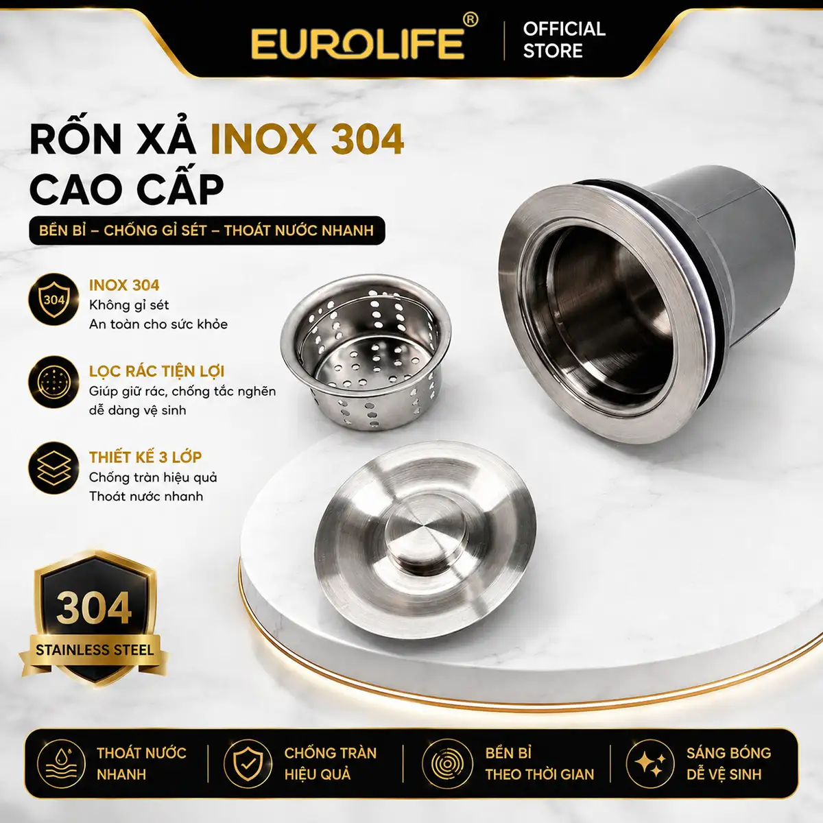 Rốn xả Inox 304 chậu rửa chén đá thạch anh Eurolife EL-QC6049