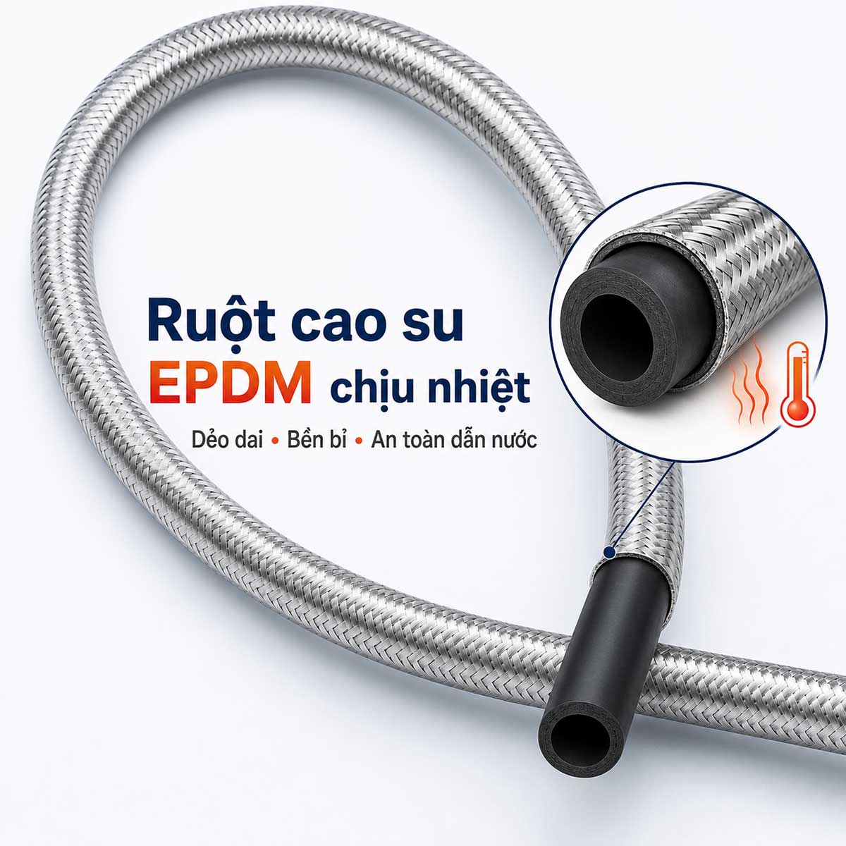 Ruột cao su tổng hợp EPDM bên trong dây cấp Eurolife EL-DI50, EL-DI60 có độ linh hoạt, phù hợp dẫn nước nóng hoặc lạnh trong điều kiện sử dụng tương thích.