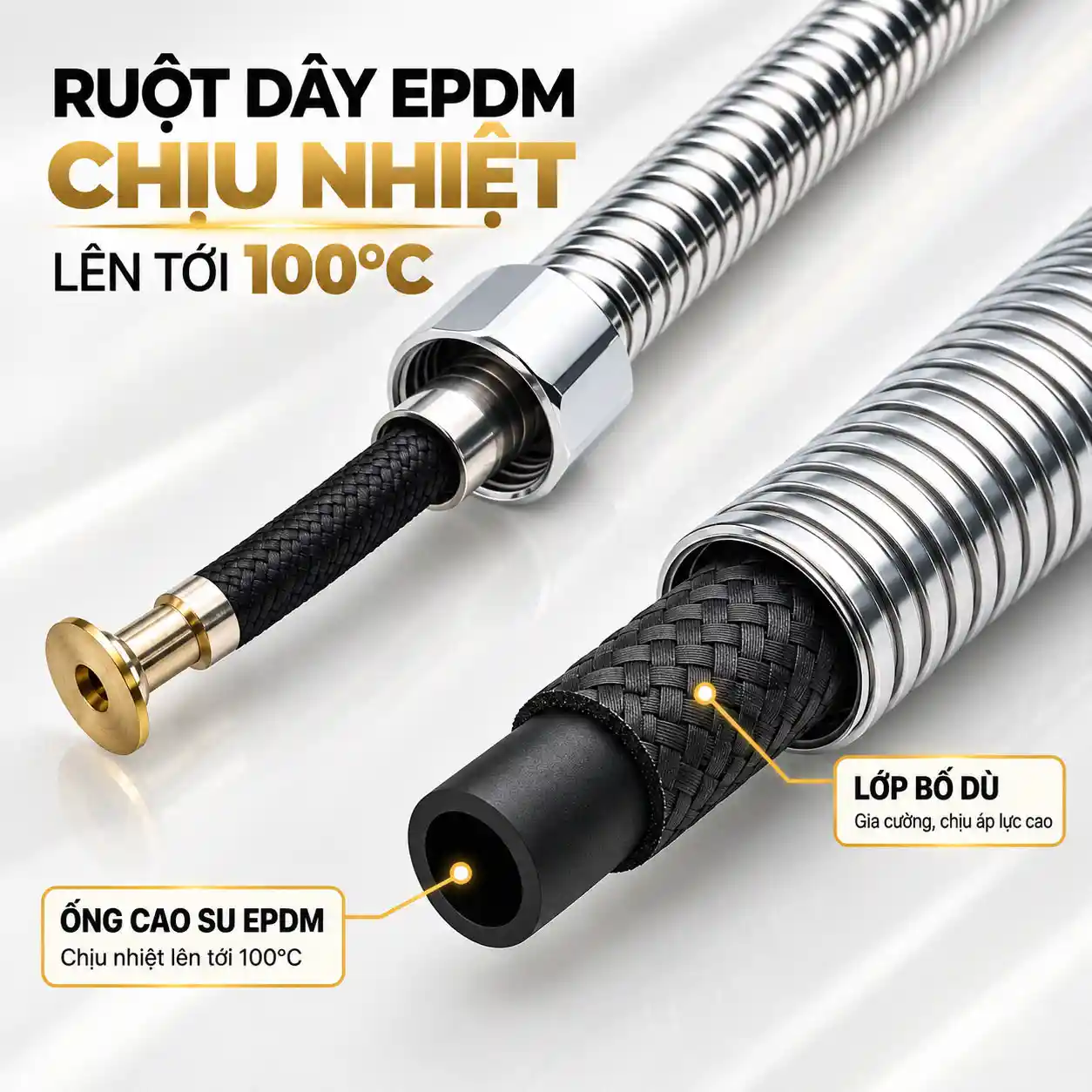 Cấu tạo ruột dây EPDM chịu nhiệt 100°C và lớp bố dù gia cường của dây sen Eurolife EL-120SH
