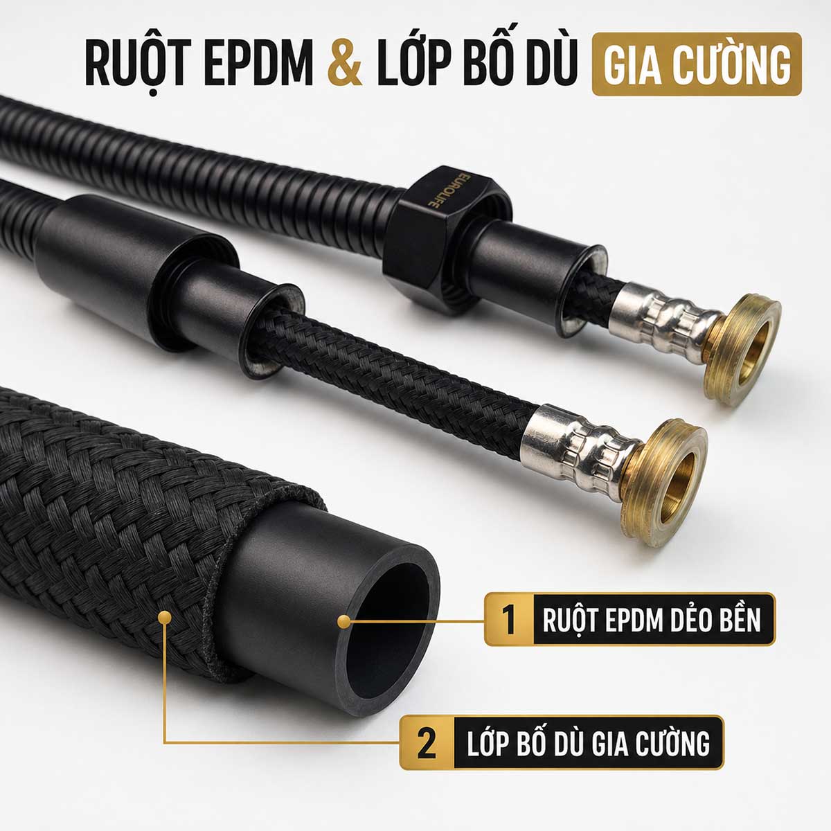 Cấu tạo dây vòi xịt Eurolife EL-X11-D gồm ruột EPDM dẻo và lớp bố dù gia cường 