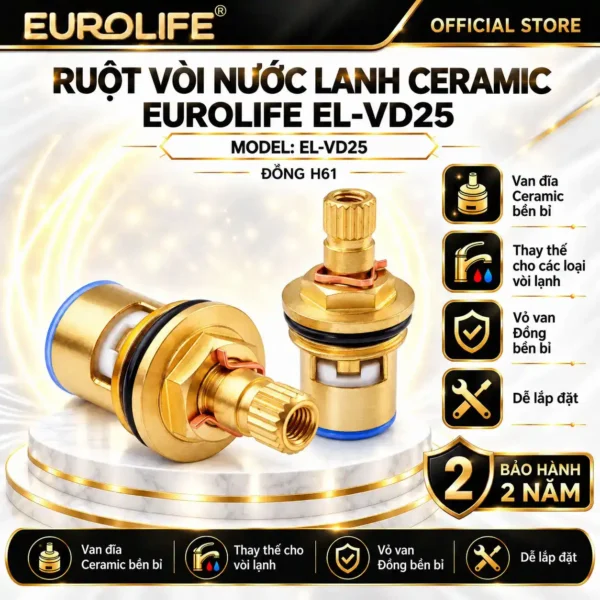 Ruột vòi nước lạnh Ceramic Eurolife EL-VD25 thân Đồng H61 bảo hành 2 năm