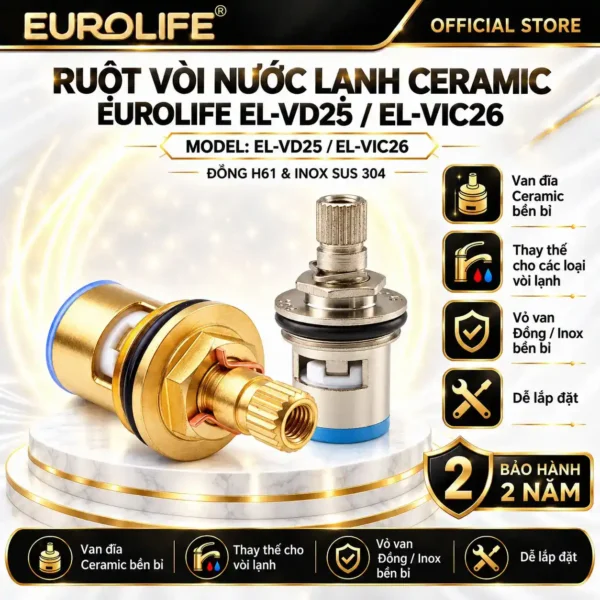 Ruột vòi nước lạnh Ceramic Eurolife EL-VD25 EL-VIC26 phiên bản Đồng H61 và Inox SUS 304