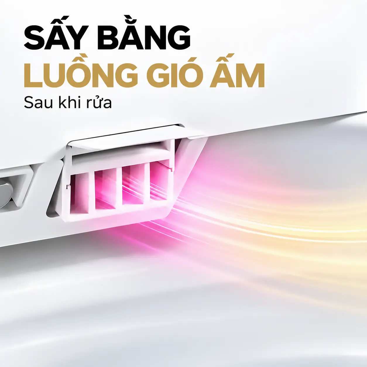 Cửa gió bên trong bồn cầu Eurolife EL-SM8058D với luồng sáng minh họa sấy bằng gió ấm sau khi rửa.