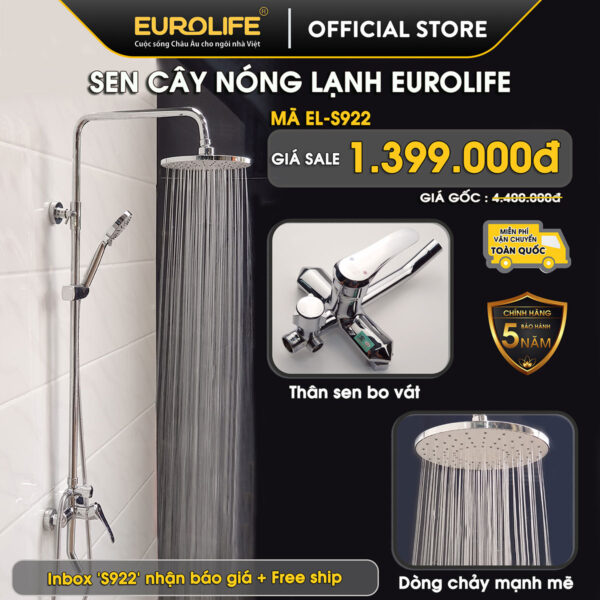 Hình ảnh flash sale sen cây nóng lạnh Eurolife EL-S922 mạ Chrome, thiết kế thân sen bo vát, dòng chảy mạnh mẽ, bảo hành chính hãng 5 năm.