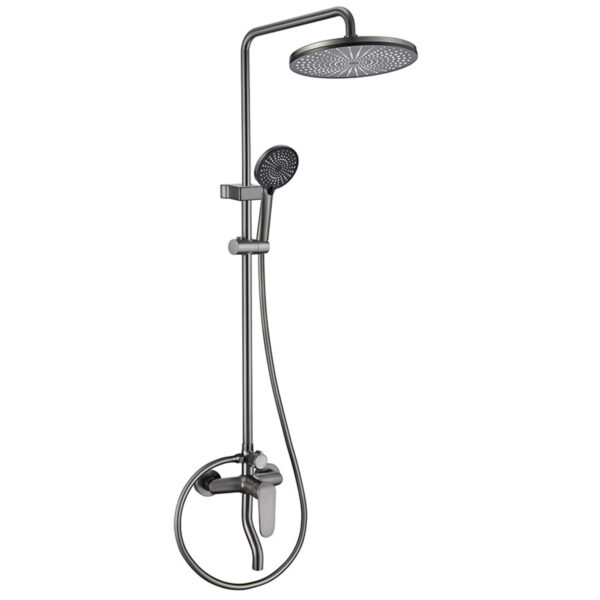 Hình đại diện sản phẩm sen cây tắm nóng lạnh Eurolife EL-SC929 đồng mạ PVD màu xám, gồm bát sen tròn, tay sen cầm tay, củ sen nóng lạnh, dây sen và vòi xả dưới.