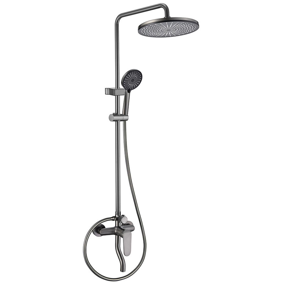 Hình đại diện sản phẩm sen cây tắm nóng lạnh Eurolife EL-SC929 đồng mạ PVD màu xám, gồm bát sen tròn, tay sen cầm tay, củ sen nóng lạnh, dây sen và vòi xả dưới.