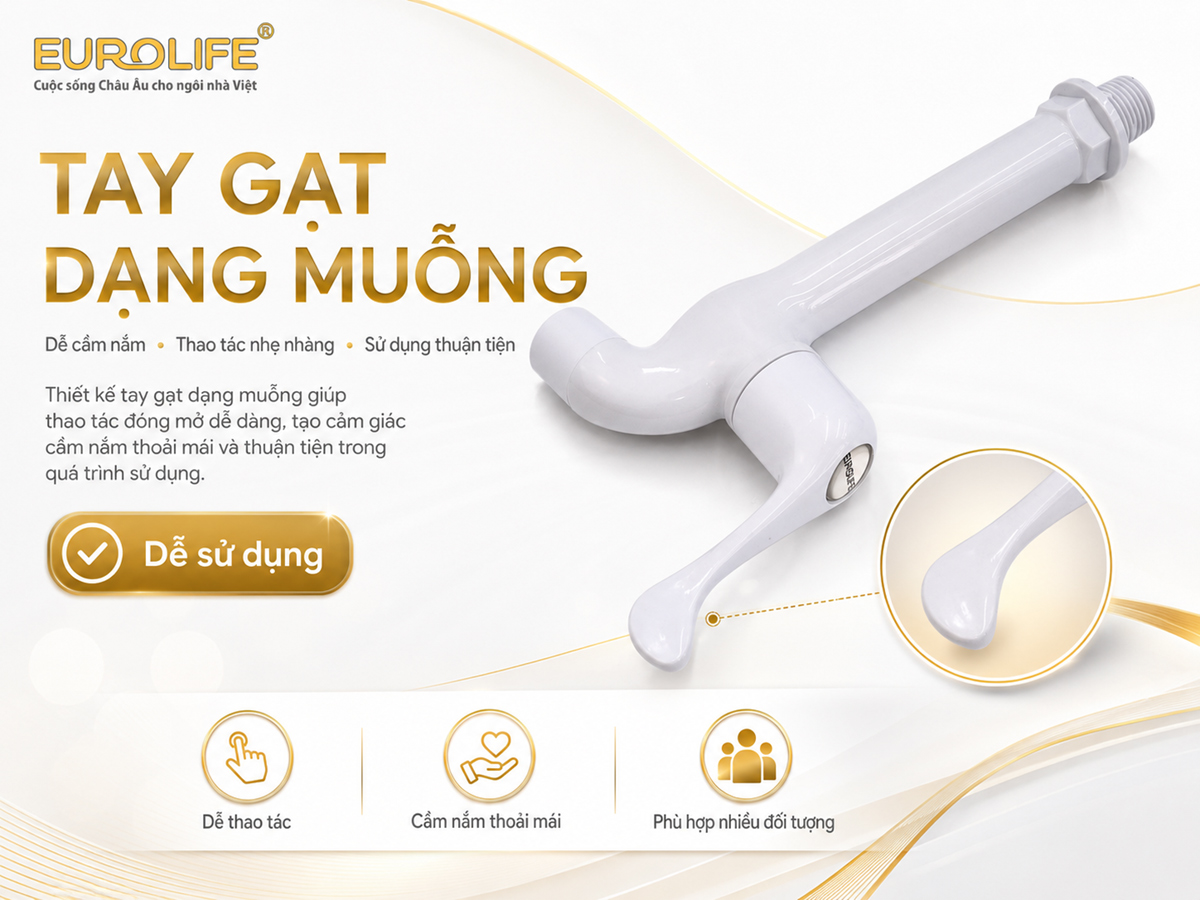 Eurolife EL-VH02 sử dụng tay gạt dạng muỗng với bề mặt cầm rộng, hỗ trợ người dùng thao tác đóng mở nước thuận tiện.