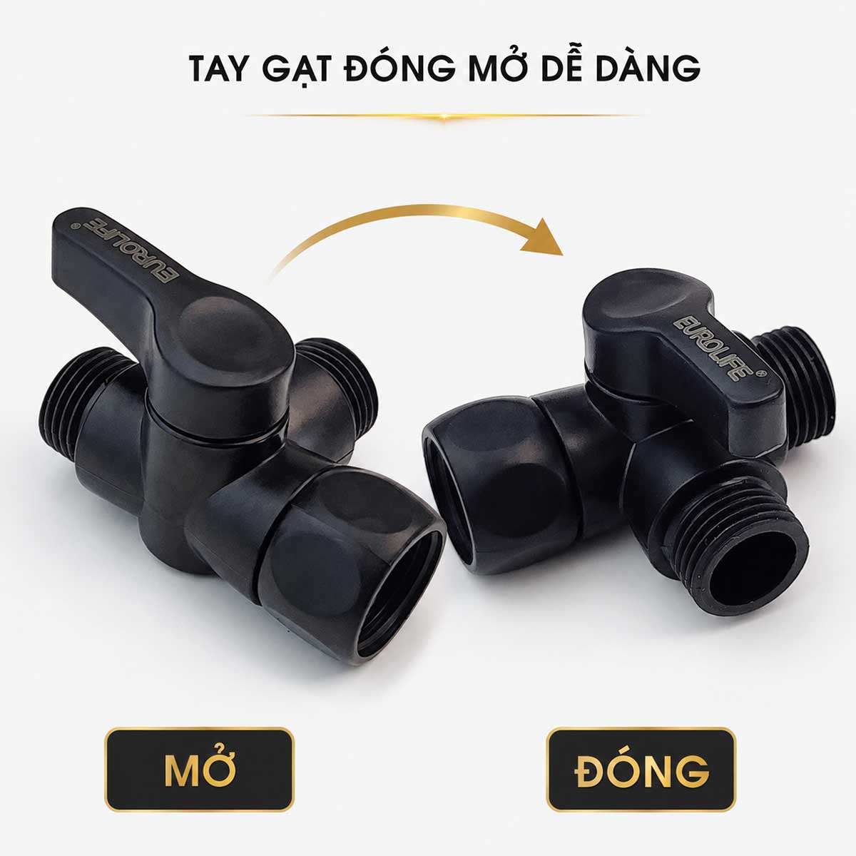 Tay gạt van Eurolife EL-VT03-B thiết kế lớn, dễ thao tác đóng mở đường nước đi thẳng bằng một động tác xoay.